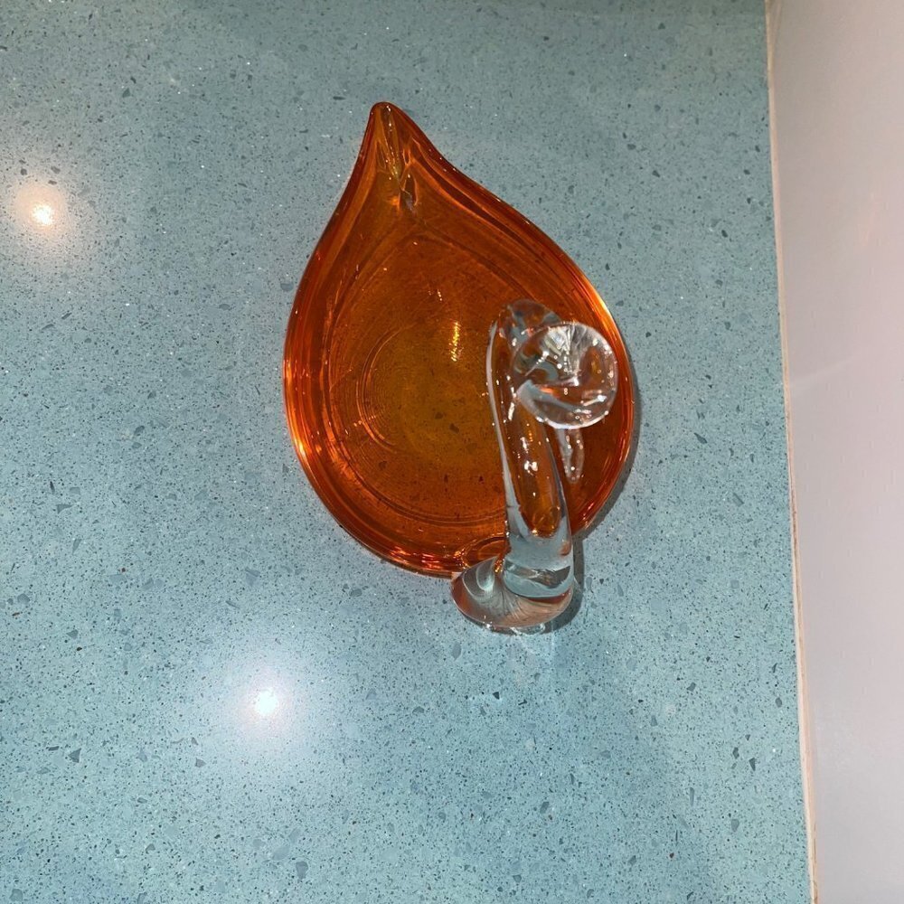 Art Glass MCM Orange Clear Glass Swan Ashtray - Picture 4 of 10